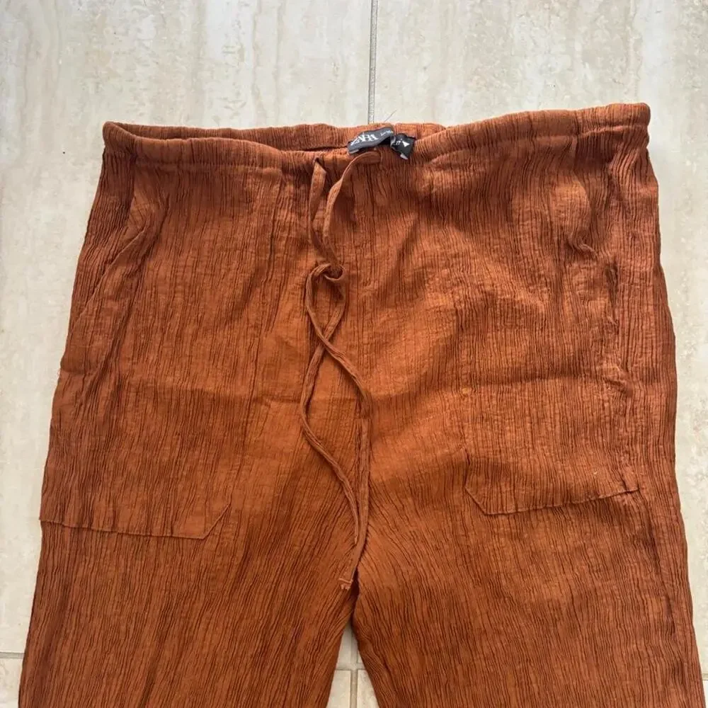 Zara brown linen pants with vertical ribbed texture Size S
